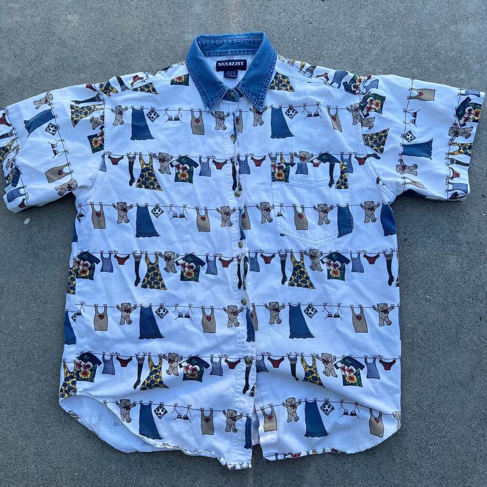Unique vintage 90s xquizzit denim button down with AOP bear print size Large